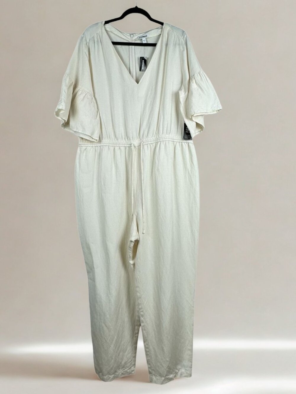 Express Cream Linen Blend V-Neck Flutter Sleeve Jumpsuit